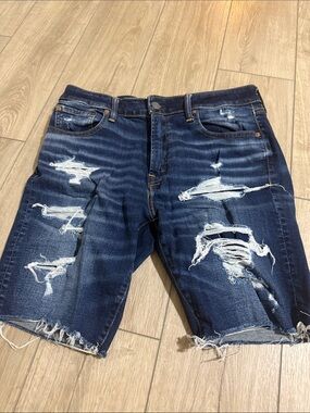 American Eagle Outfitters Dark Blue Distressed Denim Jean Shorts